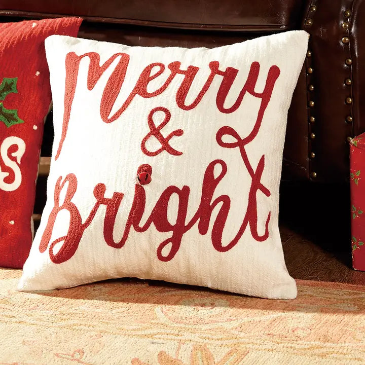 Merry Bright with Bell Crewel Pillow